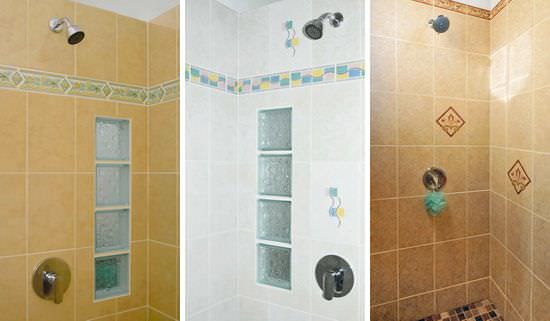 Three showers with colorful tiles