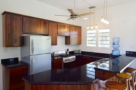 Kitchen with dark tropical wood cabinets and black Corian countertops