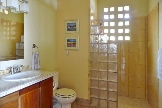 Yellow bathroom with glass block shower