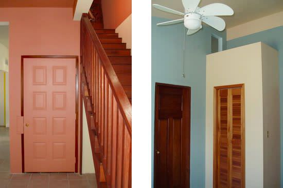 Two views of painted walls with doors